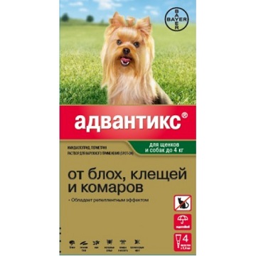 Адвантикс 40 капли для собак до 4кг от блох,клещей,комаров\4 пипетки